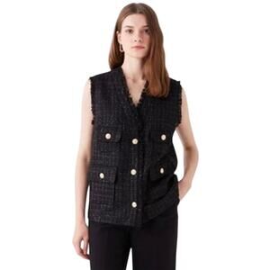 ANTHROPOLOGIE HAZEL Women’s Black Boucle Tweed Button Up Fringed Vest